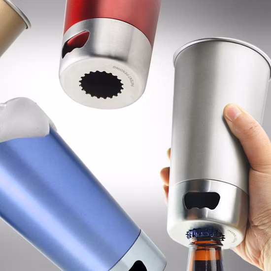 Boccale a parete singola con apri birra, boccale in metallo, boccale da birra in acciaio inossidabile, boccale da viaggio, boccale da campeggio, boccale da festa, boccale da esterno, boccale regalo promozionale